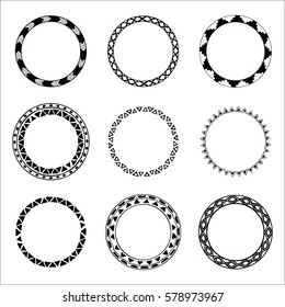 Set of hand drawn ethnic circle frames. Doodles style. Tribal native aztec vector illustration. Decorative isolated elements, border, label for text. Ink collection of symbols.