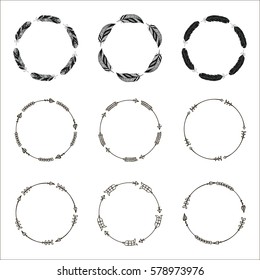 Set of hand drawn ethnic circle frames. Doodles style. Tribal native aztec vector illustration. Decorative isolated elements, border, label for text. Ink collection of symbols.