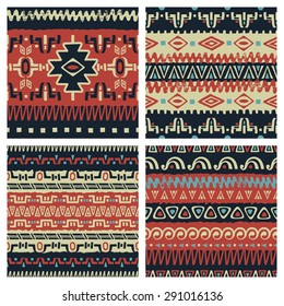 Set of hand drawn ethnic seamless backgrounds. Tribal patterns for your design. Use for fabric, pattern fills, web page background. Zigzag and stripe line