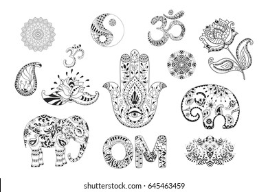 Set of hand drawn ethnic symbols: mandalas, yin yang, om sign, lotus, flower lilly, hamsa hand, elephants, paisleys. Collection of ornamental indian elements