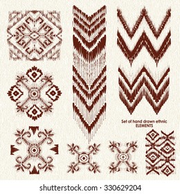 Set of hand drawn ethnic, tribe elements. Geometric orient pattern details on canvas background. Ornamental textile elements for rug, carpet cover or blanket in indian style.