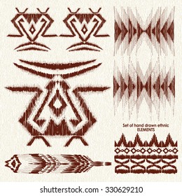 Set of hand drawn ethnic, tribe elements. Geometric orient pattern details on canvas background. Ornamental textile elements for rug, carpet cover or blanket in indian style.