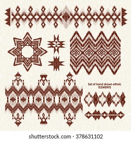 Set of hand drawn ethnic, tribe elements. Geometric orient pattern details on canvas background. Ornamental textile elements for rug, carpet cover or blanket in indian style.