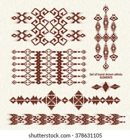 Set of hand drawn ethnic, tribe elements. Geometric orient pattern details on canvas background. Ornamental textile elements for rug, carpet cover or blanket in indian style.