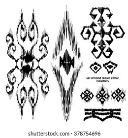 Set of hand drawn ethnic, tribe elements. Geometric orient pattern details on isolated background. Ornamental textile elements for rug, carpet cover or blanket in indian style.