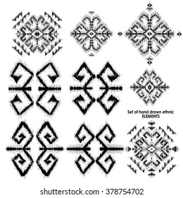 Set of hand drawn ethnic, tribe elements. Geometric orient pattern details on isolated background. Ornamental textile elements for rug, carpet cover or blanket in indian style.