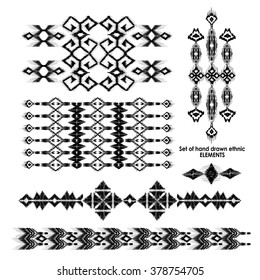 Set of hand drawn ethnic, tribe elements. Geometric orient pattern details on isolated background. Ornamental textile elements for rug, carpet cover or blanket in indian style.