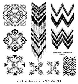 Set of hand drawn ethnic, tribe elements. Geometric orient pattern details on isolated background. Ornamental textile elements for rug, carpet cover or blanket in indian style.