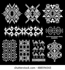 Set of hand drawn ethnic, tribe elements. Geometric orient pattern details on pure background. Ornamental textile elements for rug, carpet, cover, blanket in indian style. Vintage, Boho chic motifs.