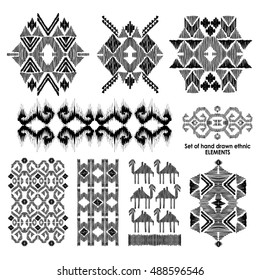 Set of hand drawn ethnic, tribe elements. Geometric orient pattern details on pure background. Ornamental textile elements for rug, carpet, cover, blanket in indian style. Vintage, Boho chic motifs.