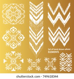 Set of hand drawn ethnic, tribe elements on golden background. Geometric orient pattern kilim details. Ornamental textile elements for rug, carpet, cover, blanket or textile  in indian style.