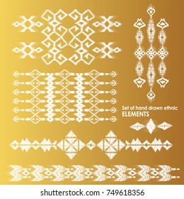 Set of hand drawn ethnic, tribe elements on golden background. Geometric orient pattern kilim details. Ornamental textile elements for rug, carpet, cover, blanket or textile  in indian style.
