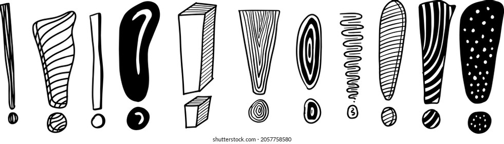Satz handgezeichneter Ausrufezeichen-Doodles auf weißem Hintergrund einzeln, Cartoon-Vektorgrafik,