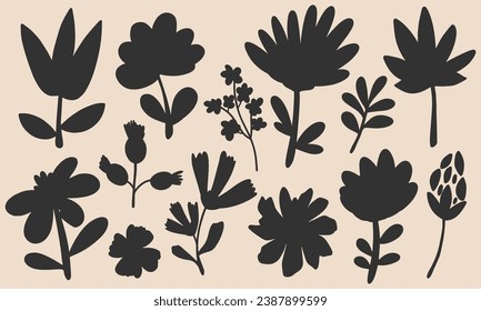 Set of hand drawn exotic jungle leaves, flowers and plants. Abstract modern trendy vector illustration. Perfect for posters, instagram posts, stickers.