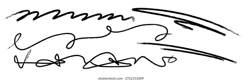 Conjunto de mão desenhada expressiva pincel traçado rabiscar acentos com textura de tinta dinâmica e linhas gesturais, isolado no fundo branco para ênfase, destaques, layouts editoriais, cartazes e design moderno.