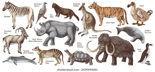 Set of hand drawn extinct animals