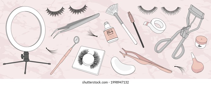 Set of hand drawn eyelash extension tools isolated on background. Vector illustration