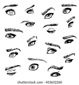 Set of hand drawn eyes and brows in several emotions. Vector illustration isolated on white.