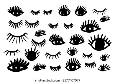 Set of Hand drawn eyes and lashes. Dirty design elements. Vector illustration