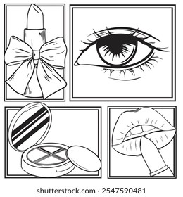 set of hand drawn eyes lips and make up vector illustration