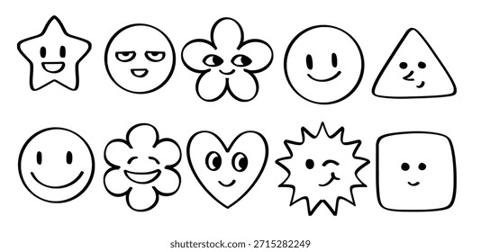 Set of hand drawn Face smile emoji theme Isolated Vector