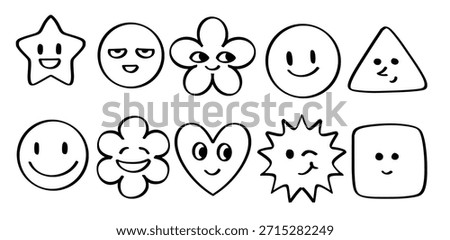 Set of hand drawn Face smile emoji theme Isolated Vector