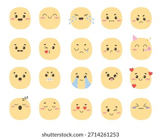 Conjunto de caras dibujadas a mano con varias expresiones. Salud mental, emoción, concepto de sentimiento. Estilo Doodle. Ilustración vectorial aislada