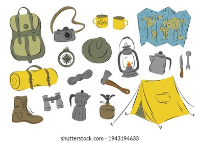 Set of hand drawn facilities for tourism and camping equipment. Preparing for hiking tour, vacation, activity holiday, outdoor travel concept. Flat vector illustration