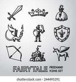 Set of hand drawn fairytale (game) icons with - sword, bow, shield, knight, dragon, princess, crown, unicorn, castle. Vector