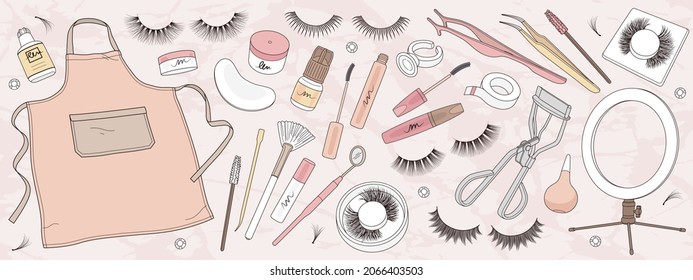 Set of hand drawn fake eyelashes and eyelash extension tools isolated on background. Vector illustration