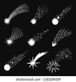 Set Of Hand Drawn Falling Stars. Vector Comet. Shooting Lights.