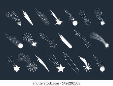 Set Of Hand Drawn Falling Stars. Vector Comet. Shooting Lights. Isolated Illustration. Doodle Style.