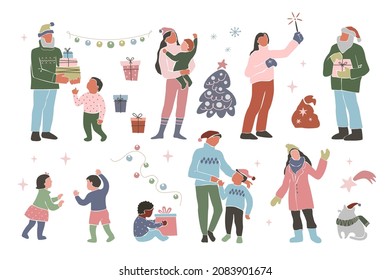 Set of hand drawn family, different people, children celebrating Merry Christmas and Happy New Year isolated on white background. Vector flat  illustration. Design for card, banner, print