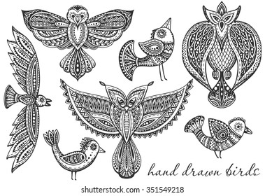 Set of hand drawn fancy birds in ethnic ornate doodle style (owl, eagle). Black and white vector illustration.