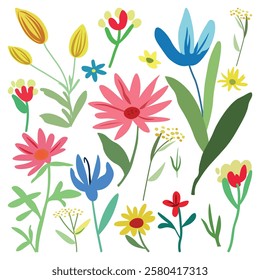 Set of hand drawn fantasy flowers. Multicolored flowers and branches. Children's drawing.