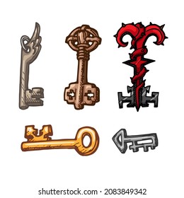 Juego de claves de fantasía dibujadas a mano aisladas en fondo blanco. Elementos de juego de vectores