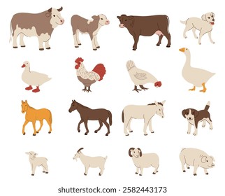 A set of hand drawn farm animals including cows, sheep, horses and chickens in a playful design.