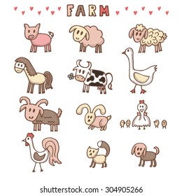 Set of hand drawn farm animals. Vector illustration