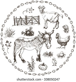 Set of hand drawn farm animals, vector illustration