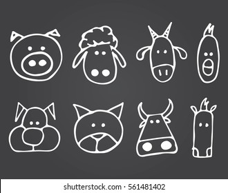 Set of hand drawn farm animals on chalk background