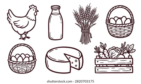 Set of hand drawn farm food icons including chicken milk wheat eggs cheese and fresh vegetables in a crate