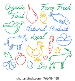 Set of hand drawn farm food icons and lettering. Organic food, Farm fresh, Natural product, Local, Bio.