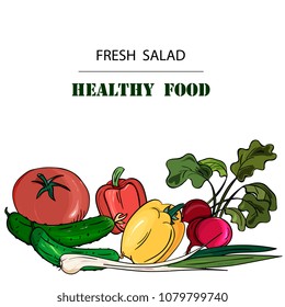  Set of hand drawn  farm fresh vegetables . Healthy food banner template.  Vector vintage illustration. 
onion,pepper,tomato,cucumber, radish . 
isolated on white background. Hand drawing vector illus