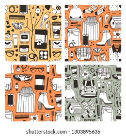 Set of hand drawn fashion illustration. Creative ink art work. Actual vector drawing spring look. Seamless pattern with street wear: boots, jeans, snikers, backpack, bag, socks, skirt and other