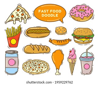Set of hand drawn fast food cartoon doodle set