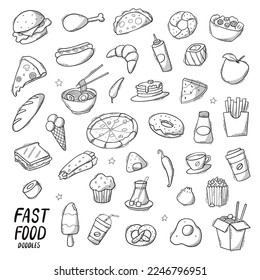 Set of hand drawn fast food doodles, clip art, isolated elements for prints, icons, stickers, planners, cards, etc. EPS 10