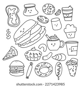 Set of hand drawn fast food doodles element design object illustration