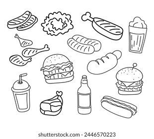 Set of hand drawn fast food illustrations. Vector illustration.