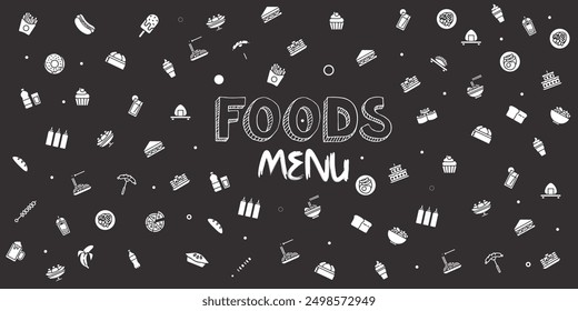Set of hand drawn fast food doodles with trendy letters on black background