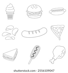 Set of hand drawn fast food and dessert doodle objects icons